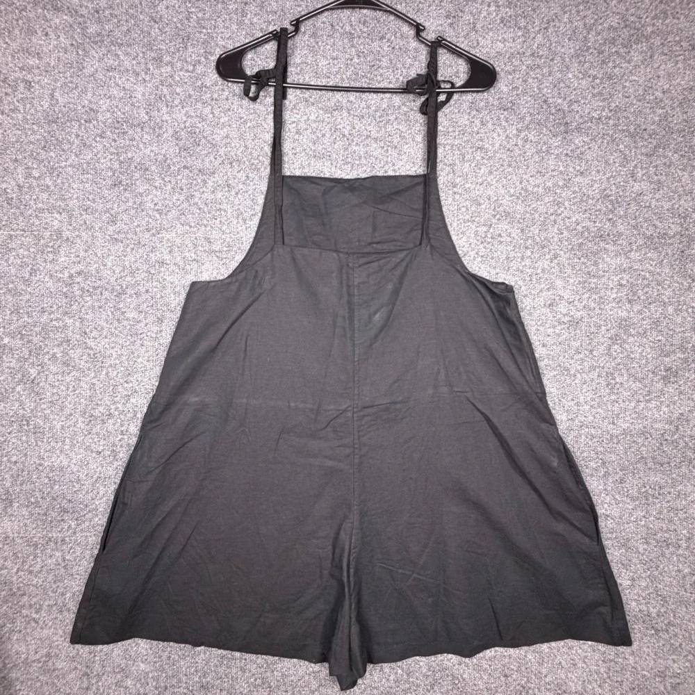 COS Black Linen Blend Tie Shoulder Romper Jumpsuit Womens Small Pockets Minimal
